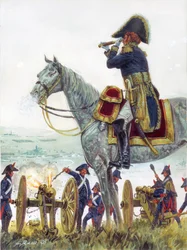 Eerste Keizerrijk: generaal Michel Marie Claparede tijdens de Slag bij Austerlitz in 1805 - Illustratie door Giuseppe Rava