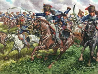 Eerste Keizerrijk: de aanval van het 15e regiment Engelse draken bij de Slag van Waterloo op 18 juni 1815 - Illustratie door Giuseppe Rava