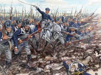 Eerste Keizerrijk: opmars van de Pruisische infanterie in 1813 - Illustratie door Giuseppe Rava