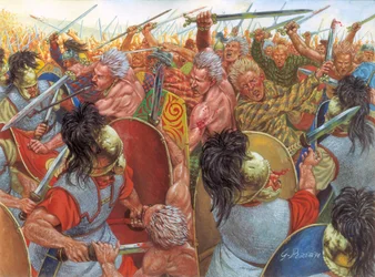 Gallische oorlog: "Het beleg van Alesia in 52 voor Christus" De beslissende slag tussen het leger van Jules Cesar en dat van Vercingetorix op de plaats van het huidige Alise-Sainte-Reine - (Gallische oorlog: het beleg van alesia in 52 voor Christus, strijd