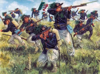 Italiaanse Campagne van 1859 (Tweede Italiaanse Onafhankelijkheidsoorlog): bersaglieri (bersagliers) van het Italiaanse leger in actie - Illustratie door Giuseppe Rava
