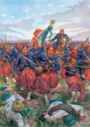 Italiaanse Campagne van 1859 (Tweede Italiaanse Onafhankelijkheidsoorlog): de charge van de Zouaven van het Franse Leger van Napoleon III tijdens de Slag bij Solferino op 24/06/1859 - Tweede Italiaanse Onafhankelijkheidsoorlog (Frans-Oostenrijkse Oorlog, O