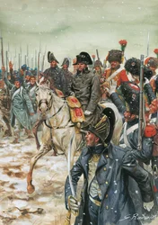 Leve de keizer! Keizer Napoleon I (1769-1821) te paard omringd door zijn leger tijdens de Franse campagne in januari 1814 - Illustratie door Giuseppe Rava
