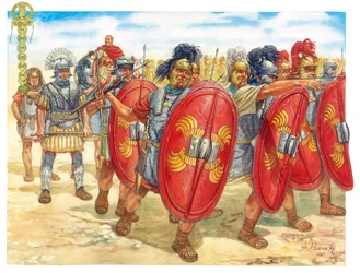 Romeinse Oudheid (Republiek): een groep Romeinse legionairs (Illustratie door Giuseppe Rava)