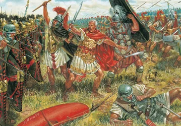 Romeinse Oudheid: Julius Caesar (100-44 v.Chr.) wint de Slag bij Munda op 17 maart 45 v.Chr. in Zuid-Spanje tegen aanhangers van de Republiek (Illustratie)