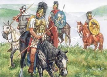 Romeinse oudheid (Republiek): een groep Romeinse ruiters - Illustratie door Giuseppe Rava