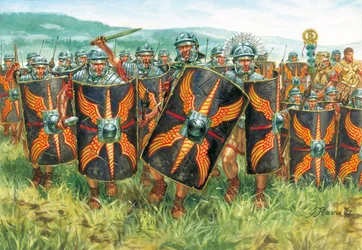 Romeinse oudheid, keizertijd: een groep Romeinse legionairs - Romeinse Rijk: legionairs - Illustratie van Giuseppe Rava