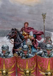 Romeinse Oudheid: Romeins leger bij de Muur van Hadrianus in Schotland, 2e eeuw na Chr. (Illustratie door Giuseppe Rava)