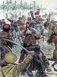 Russische Burgeroorlog (1917-1923): Kaukasische soldaten aan de zijde van de Witte Legers in 1919 - Illustratie door Giuseppe Rava