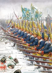 Zevenjarige Oorlog: Grenadiers van het Pruisische Leger tijdens de Slag bij Leuthen, 05/12/1757 - Illustratie door Giuseppe Rava
