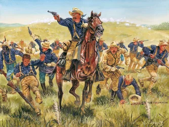 Spaans-Amerikaanse Oorlog of Cubaanse Onafhankelijkheidsoorlog (1868-1898) tussen Spanje en Noord-Amerika: portret van Amerikaanse soldaat en politicus Theodore Roosevelt (1858-1919) die met de Rough Riders in Cuba chargeert - Spaans-Amerikaanse Oorlog (Cu