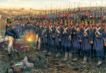 De aanval van de Midden Garde tegen het centrum van Wellington bij de slag bij Waterloo op 18 juni 1815
