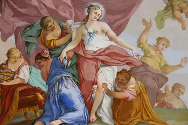 Voorstellingen van de mythe van Diana, door Domenico en Giuseppe Valeriani, fresco, gewelfd plafond van de slaapkamer, Koninklijk appartement, Jachthuis, door Filippo Juvarra (1678-1736), Stupinigi, Piëmont, Italië