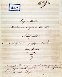 Eerste pagina van de partituur van de symfonie van Luisa Miller, opera door Giuseppe Verdi