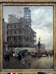 Zicht op Place des Pyramides in Parijs in 1875. Parijzenaars steken het plein over nabij een bouwplaats