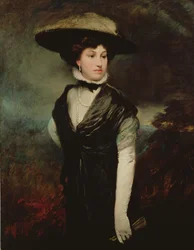 Portret van de actrice Amy Bird, staand in driekwartfiguur, in het zwart, met een landschap op de achtergrond, ca. 1909