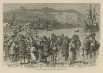 De hugenoten in Engeland: Franse Hugenoten-vluchtelingen landen in Dover in 1685 (gravure)