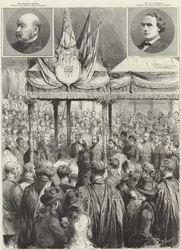 De koningin legt de eerste steen van de nieuwe medische onderzoekshal op de Victoria Embankment (gravure)