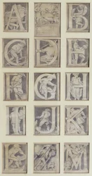 A-M, ontwerp voor dertien letters voor het Alfabet voor het South Kensington Museum