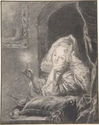 Jonge vrouw zittend aan een tafel, met een kaars in de hand