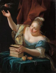 Een vrouw, zittend aan een tafel in fantasiekostuum, die een zangvogel uit zijn kooi bevrijdt