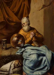 Oude man met een bol, een zandloper, een schedel en boeken (Vanitas)