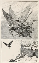 De reisgenoot vloog achter haar aan, uit Sprookjes van Hans Andersen, uitgegeven 1919 (gravure)