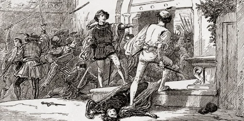 Tybalt gedood door Romeo, scène uit William Shakespeares Romeo en Julia, Act III, Scene 1, uit De Werken van William Shakespeare, gepubliceerd 1896