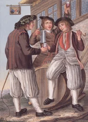 De drie Bacchus, boeren in de klederdracht van de stad Morat, Zwitserland (litho)