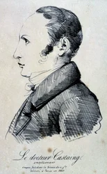 Portret van Dr. Castaing, vergiftiger. Hij gebruikte morfinezout, hydrochloride om zijn vriend Hippolyte Ballet in 1823 te doden. Hij werd geëxecuteerd in Parijs in 1824. Lithografie door Engelmann naar een schets gemaakt tijdens de sessie van 11 november.