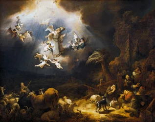 Engelen verkondigen de geboorte van Christus aan herders