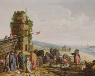 Vissers op het strand met hun vangst