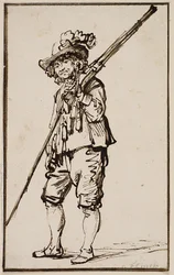 Een staande soldaat met een musket over de schouder