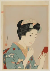 Vrouw Brengt Lip Rouge Aan, Taisho-periode, februari 1920 (kleur houtsnede)