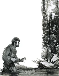 Alexander Mackenzie wordt bedreigd door Indianen terwijl hij door een rivier waadt