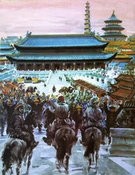 Marco Polo, met zijn vader en oom, nadert het paleis van de Grote Khan, 20e eeuw (litho)