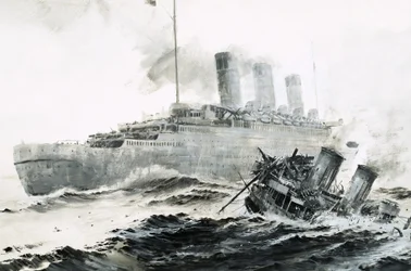 De Queen Mary botst op haar escorte, de Curacoa, waardoor het schip zinkt