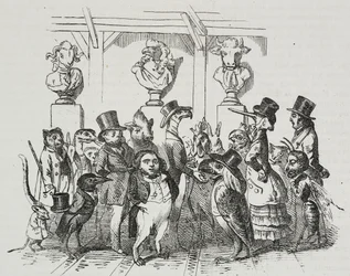 Uitgang van theater, karikatuur door Jean-Jacques Grandville, lithografie door Giovanni Mariani uit Poliorama Pittoresco, nr. 39, 7 mei