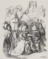 Leeuw van Afrika, karakter uit verhaal van Afrikaanse Leeuw en drie jonge leeuwen, lithografie door Filippo Molino naar tekening van Jean-Jacques Grandville