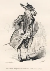 Ezel academicus beladen met werken. Vignetten geïllustreerd door JJ Granville. Gravure gesigneerd Caque in het deel "Gids-ezel voor dieren die eer willen bereiken" geschreven door Honoré De Balzac in "Scènes uit het privé- en openbare leven van dieren". Pa