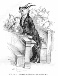Grandville gravure, uit het boek Privé en Openbaar Leven van Dieren (Les animaux ints par them memes), editie Hetzel 1867 - Karikatuur van een menselijke politieke vergadering - In de gangen bezet door verschillende dieren (honden, ezel, nijlpaard...), een