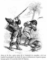 Illustratie van de roman Robinson Crusoe door Daniel Defoe door Grandville - editie Garnier 1869 p193. Robinson schiet met een geweer voor de angstige Vrijdag.