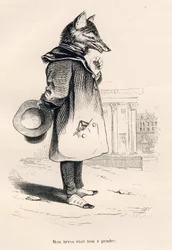 Mijn held was goed te vangen. Vignetten geïllustreerd door JJ Granville. Gravure gesigneerd Godard in het deel "Een vos gevangen in de val" geschreven door Charles Nodier in "Scènes uit het privé- en openbare leven van dieren". Parijs, J. Hetzel en Paulin