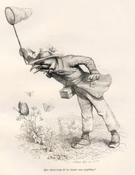 Vogel die vlinders jaagt. Vignetten geïllustreerd door JJ Granville. Gravure gesigneerd Andrew, Best en Leloir in het deel "Een vos gevangen in de val" geschreven door Charles Nodier in "Scènes uit het privé- en openbare leven van dieren". Parijs, J. Hetze