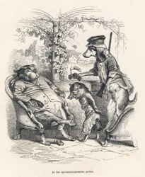 Vos gearresteerd door een hond. Geïllustreerde vignetten door JJ Granville. Gravure gesigneerd door Godard in het deel getiteld "Een vos gevangen in de val" geschreven door Charles Nodier in "Scènes uit het privé- en openbare leven van dieren". Parijs, J. 