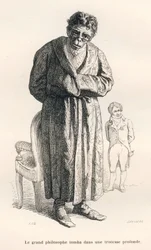 Filosoferende aap. Vignetten geïllustreerd door JJ Granville. Gravure gesigneerd Breviere in het deel getiteld "Gids-ezel voor dieren die eer willen bereiken" geschreven door Honoré De Balzac in "Scènes uit het privé- en openbare leven van dieren"