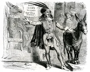 De charlatan: La Fontaine fabel geïllustreerd door Grandville. Editie Garnier 1860. Deze schipper maakt het moeilijk om elke ezel wetenschapper te maken.
