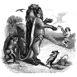 De leeuw en de rat: La Fontaine fabel geïllustreerd door Grandville