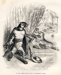 Tijger komt het toneel op met een dolk in de hand. Vignetten geïllustreerd door JJ Granville. Gravure gesigneerd Godard in het deel "De eerste feuilleton van Pistolet" geschreven door Jules Janin in "Scènes uit het privé- en openbare leven van dieren". Par