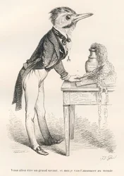 U zult een groot geleerde worden en ik zal het aan de wereld verkondigen. Gravure gesigneerd door Tamisier in het deel getiteld „Ezelsgids voor dieren die eerbewijzen willen verwerven”, geschreven door Honoré de Balzac